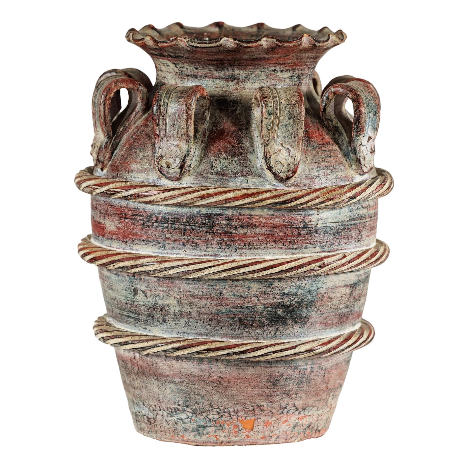 Vintage Thai Water Jar with Ropework Decoration, Scalloped Rim and Loop ...