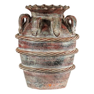 Vintage Thai Water Jar with Ropework Decoration, Scalloped Rim and Loop Handles For Sale