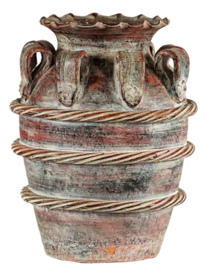 Vintage Thai Water Jar with Ropework Decoration, Scalloped Rim and Loop Handles