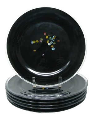 Vintage Murano Studio Art Glass Black Charger Plates With Millefiori Pattern - 6 Pieces