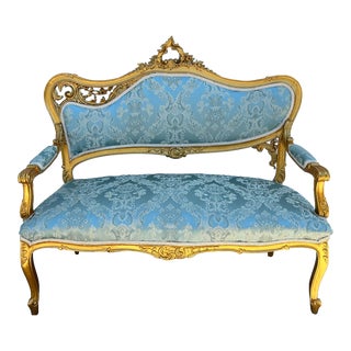 19th Century French Louis XV Painted Gold Canape Settee in Soft Blue and Ivory Upholstery For Sale