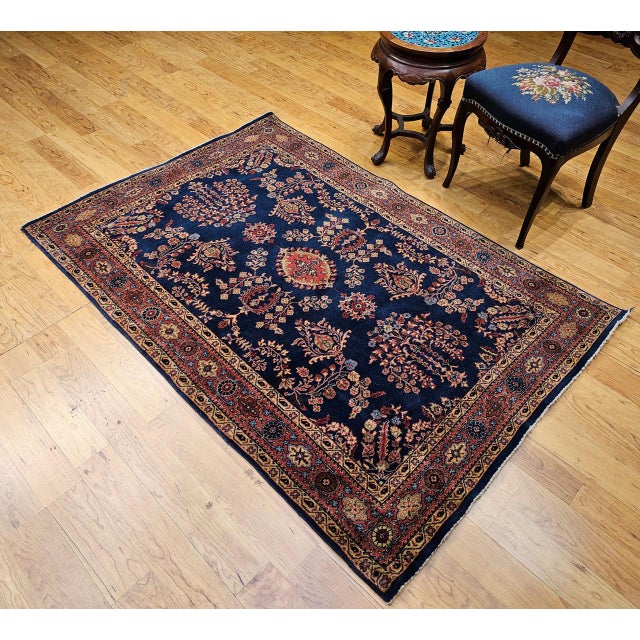 1900 - 1909 Antique Persian Mahajiran Sarouk Area Rug, Hand-Knotted Wool, Allover Floral Pattern, Navy & Red, 4x6 For Sale - Image 5 of 14