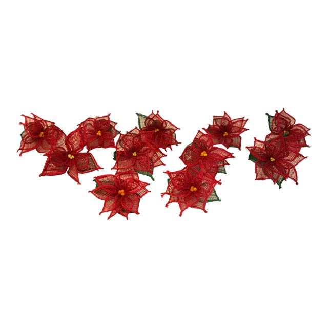Mid Century Hand Crafted Mesh & Raffia Red Poinsettia Napkin Rings- Set of 11 For Sale