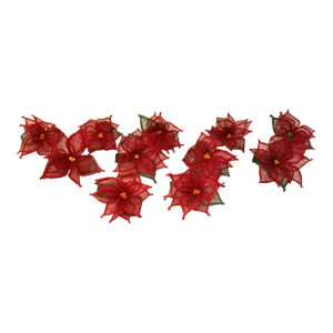 Mid Century Hand Crafted Mesh & Raffia Red Poinsettia Napkin Rings- Set of 11