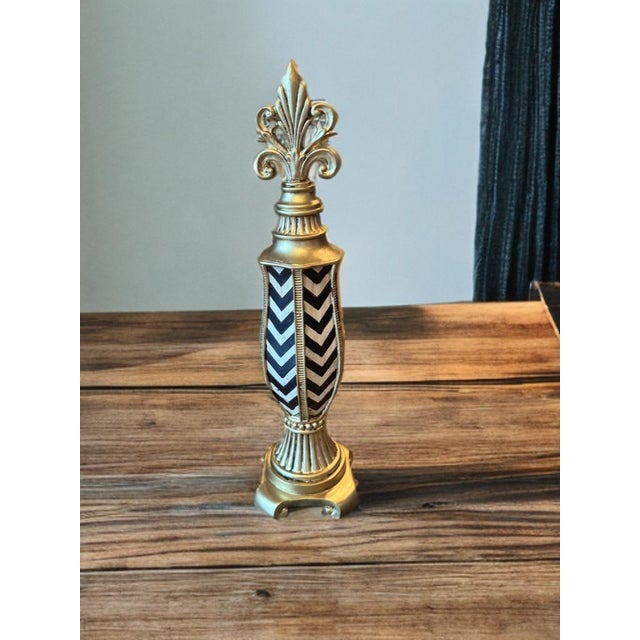 Gold Fleur-De-Lis Decorative Finial Sculpture With Black & White Chevron Inlay Attributed to Maitland-Smith For Sale - Image 9 of 10