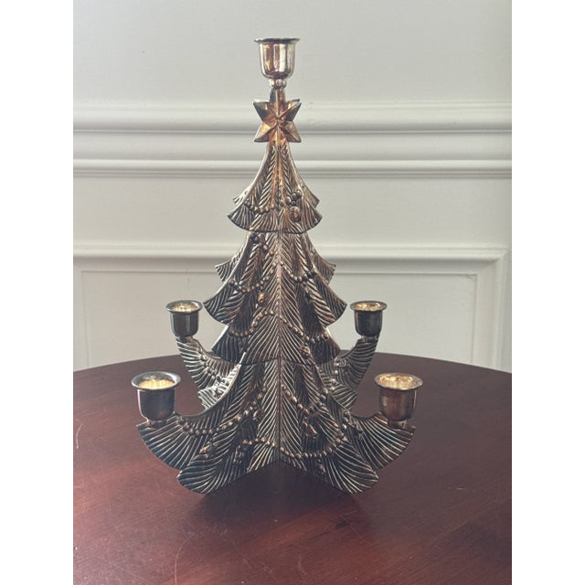 1980s Christmas Tree Silverplate Five Candle Holder For Sale - Image 9 of 10