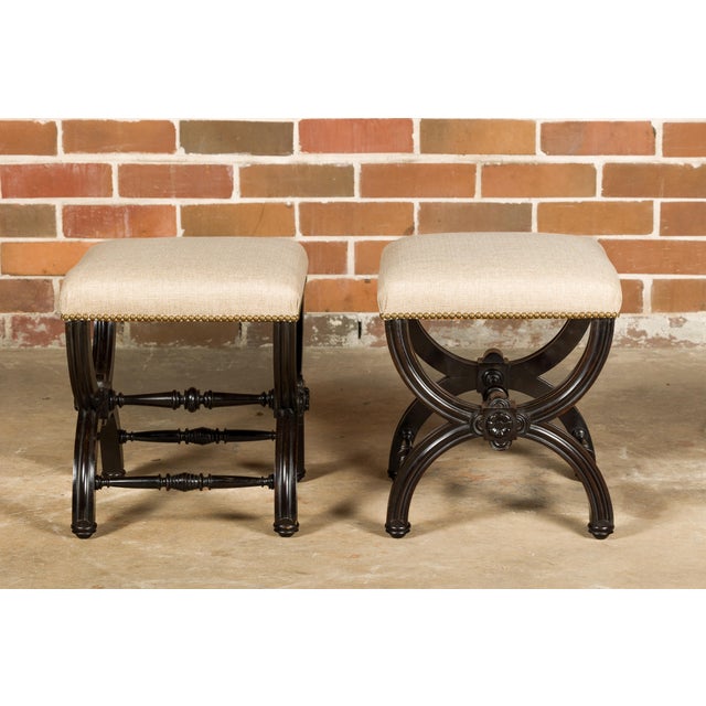 Viennese 1900s Black Stools with X-Form Bases and Custom Upholstery, a Pair For Sale In Atlanta - Image 6 of 12