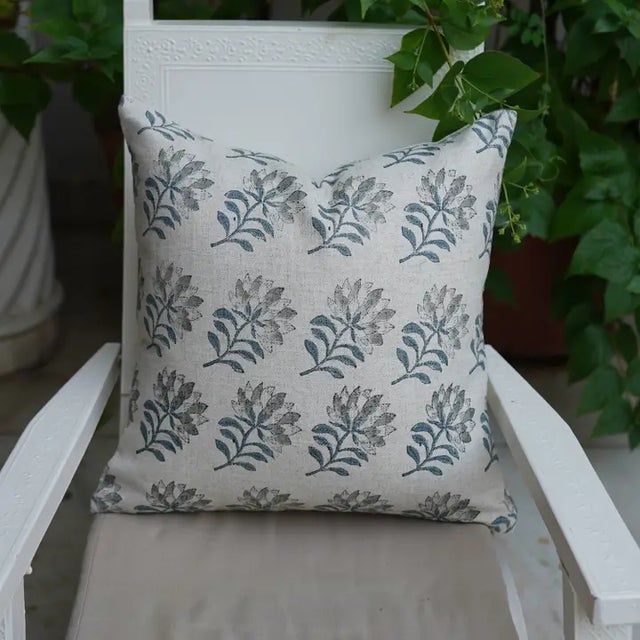 Art Deco Block Print Water Replicant Cushion Cover 18x18 Inch Cotton Linen- Summer Flower For Sale - Image 3 of 6