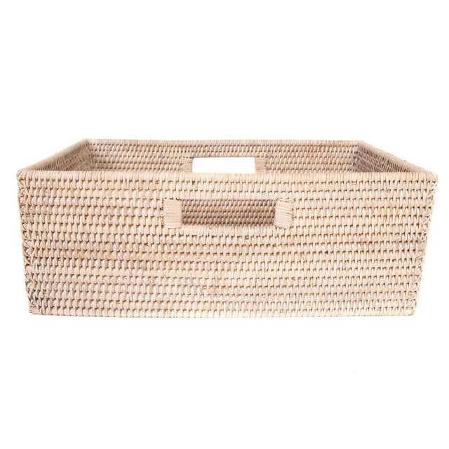 Boho Chic Artifacts Rattan Rectangular Shelf Basket with Side Handles in White Wash - 16" For Sale - Image 3 of 9