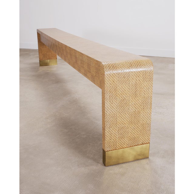 Wood Karl Springer Style Organic Grasscloth Waterfall Console 10 Ft For Sale - Image 7 of 18