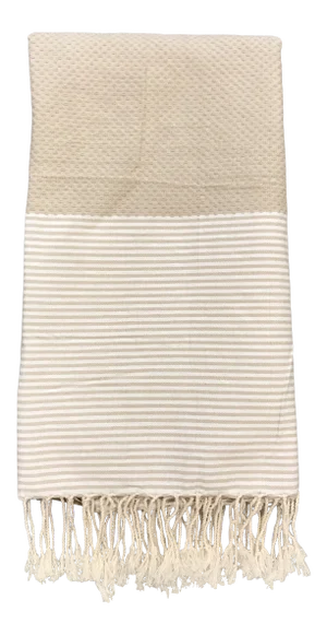 Handwoven Turkish Fouta Bath or Beach Towel Tan With White Stripes and Fringe by Scents & Feel