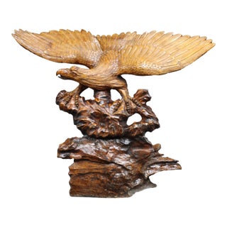 Large Mid-Century Modern Hand Carved Walnut Eagle Sculpture on Burl Wood Base For Sale