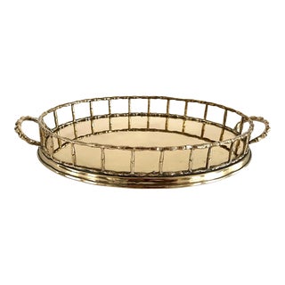 Mid Century Brass Faux Bamboo Oval Serving Tray For Sale