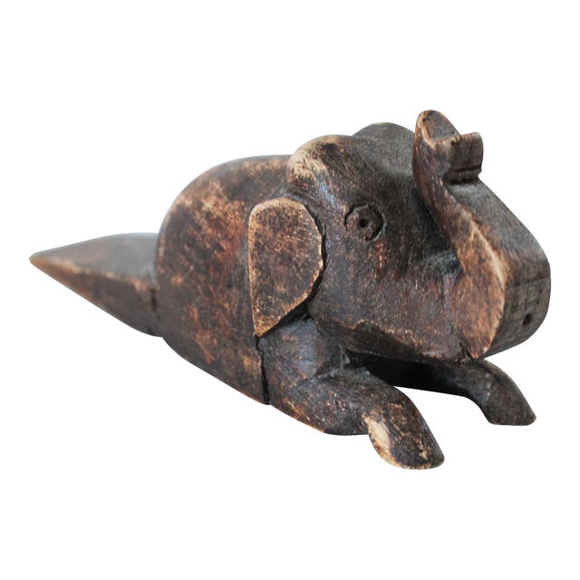 Vintage Carved Wood Elephant Door Stopper For Sale