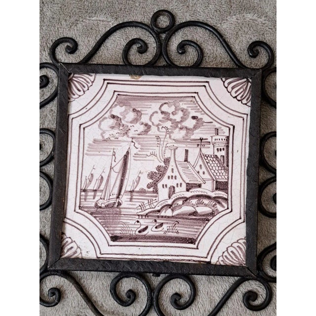 Mid 19th Century Mid 19th Century Dutch Manganese Delft Decorative Framed Tiles Nautical Scenes- Set of 4 For Sale - Image 5 of 12