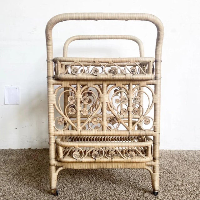 Boho Chic Boho Chic Woven Ribbon Rattan Two Tier Bar Cart For Sale - Image 3 of 10