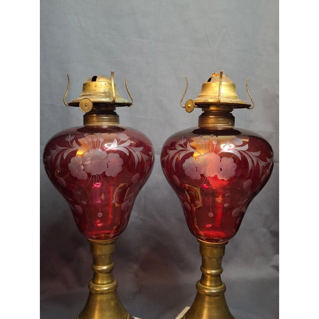 Pair Antique Bohemian Cranberry Cut-to-Clear Kerosene Lamps Marble Base P&a Eagle For Sale - Image 12 of 15