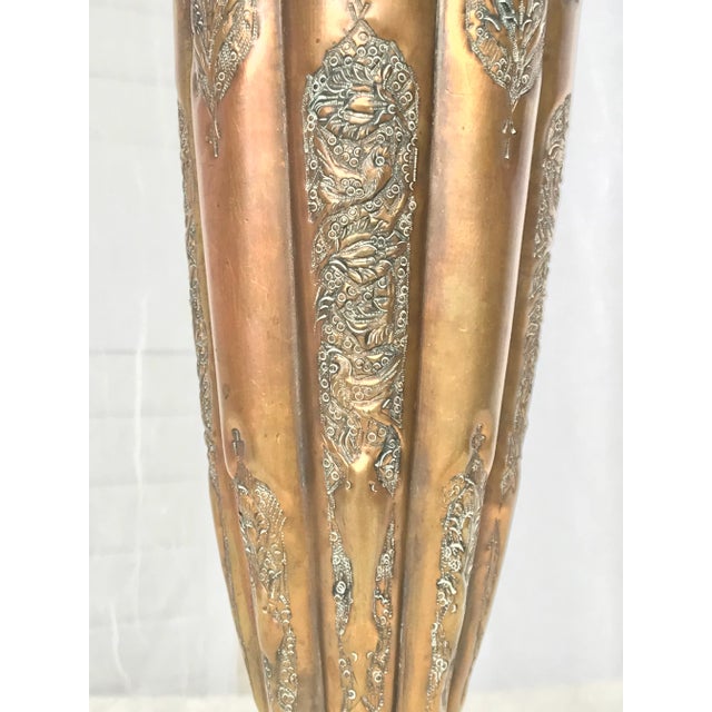 Antique Middle Eastern Copper Repousse Flower Vase For Sale - Image 4 of 12