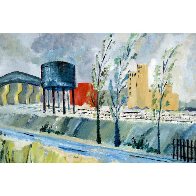 Industrial Landscape with Trees in Oil on Linen Bold industrial landscape by Doris Lyons Hoover (American, 1927-2014). A...