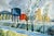 Industrial Landscape with Trees in Oil on Linen Bold industrial landscape by Doris Lyons Hoover (American, 1927-2014). A...