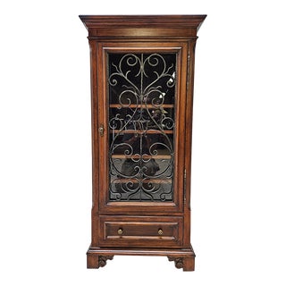 1990s Ethan Allen Tuscany Wine Cabinet Glass Doors Wrought Iron Filigree For Sale