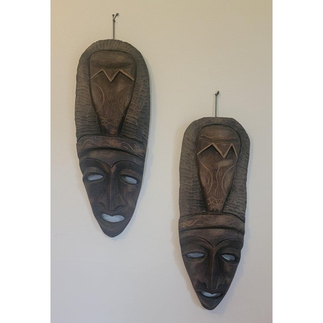 Pair of Hand Carved Wooden Tribal Face Mask Folk Art For Sale - Image 16 of 16