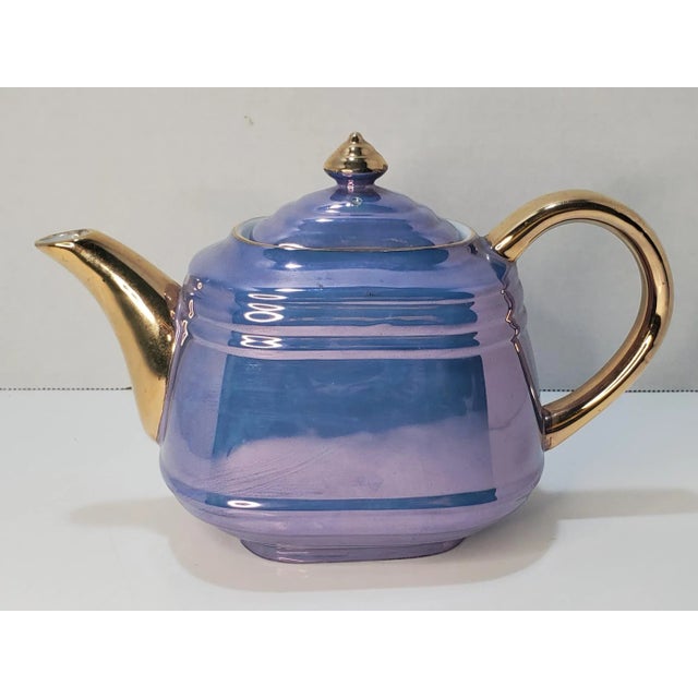 Boho Chic Gold and Periwinkle Lusterware Teapot For Sale - Image 3 of 6