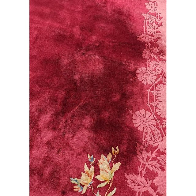 1920s Red Wine Open Field Daisies Floral Antique Chinese Art Deco Rug 9' X 11'6" For Sale - Image 4 of 9