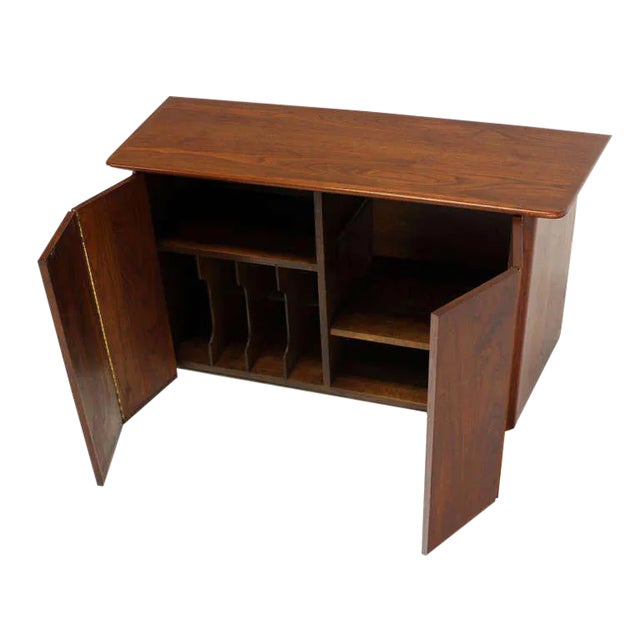 Very nice pair of mid century walnut hanging bachelor cabinets with push to open double doors. Made in the mid 20th century.