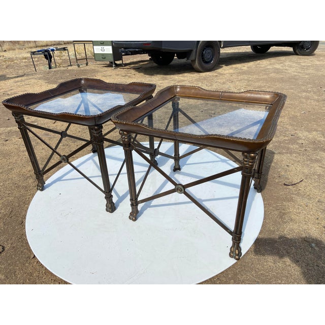 Vintage Attributed to Matiland Smith Nail Head Leather and Glass End Side Tables À Pair For Sale - Image 9 of 18