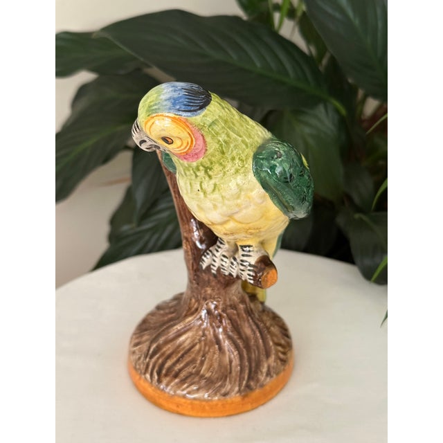 Brown Vintage Italian Majolica Ceramic Parrot Figurine Hand Painted Made in Italy Bird on Branch For Sale - Image 8 of 10