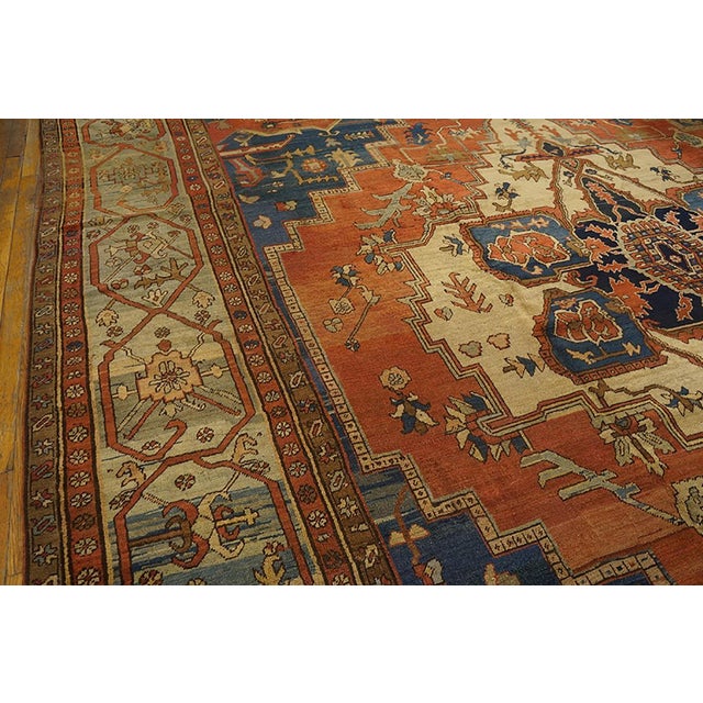 1880s Red Blue Geometric Antique Serapi Rug 12'6" X 14'6" Handknotted Wool Carpet For Sale - Image 4 of 5