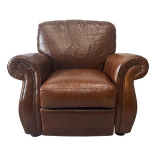 Vintage Traditional Chocolate Brown Solid Leather Club Recliner With Brass Nailhead Trim For Sale