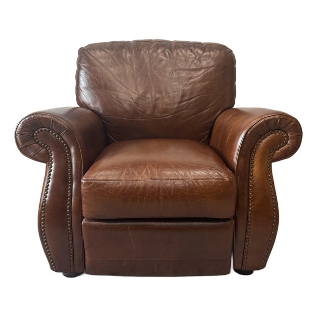 Vintage Traditional Chocolate Brown Solid Leather Club Recliner With Brass Nailhead Trim For Sale