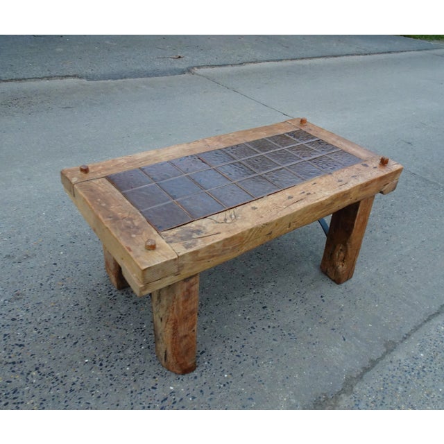 1970s Brutalist Oak, Ceramic and Metal Coffee Table For Sale - Image 5 of 8
