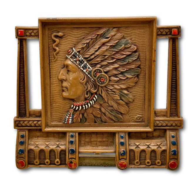 Native American Unusual Antique 1910s Cast Iron American Indian Motif Telescoping Adjustable Size Bookend Rack With Nice Original Paint For Sale - Image 3 of 18