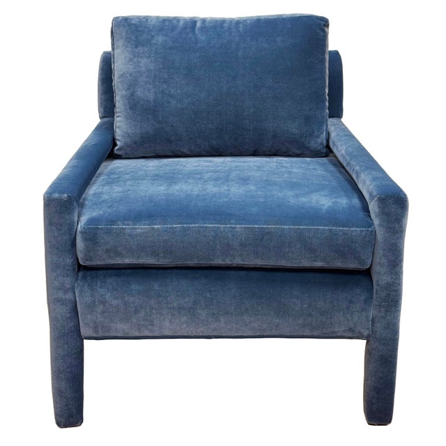 Milo Baughman Vintage Newly Upholstered MCM Blue Velvet Parsons Chair For Sale - Image 4 of 11