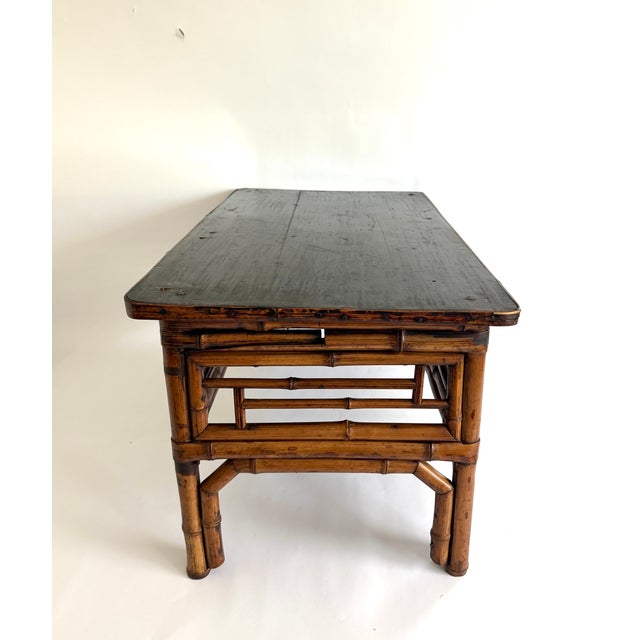 Late 19th Century Antique Chinoiserie Bamboo Low Table Display W/Black Elm Top For Sale - Image 5 of 8