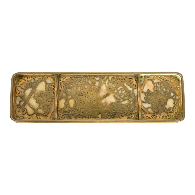 Tiffany Studios New York Grapevine Bronze Doré and Favrile Slag Glass Pen Tray For Sale