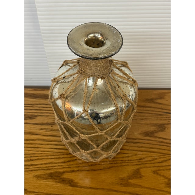 Glass Twine Wrapped Mercury Glass Bottles, Set of Two For Sale - Image 7 of 12