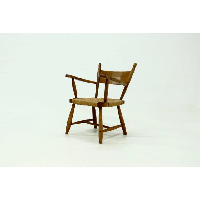 French Blonde Oak and Rush Armchair, 1950s For Sale - Image 11 of 11
