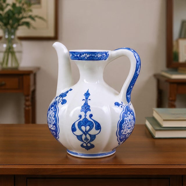 2020s Handmade Ceramic Fluted Ewer (20cm) Blue & White Traditional Pitcher Form – Decorative Ribbed Jug For Sale - Image 5 of 9