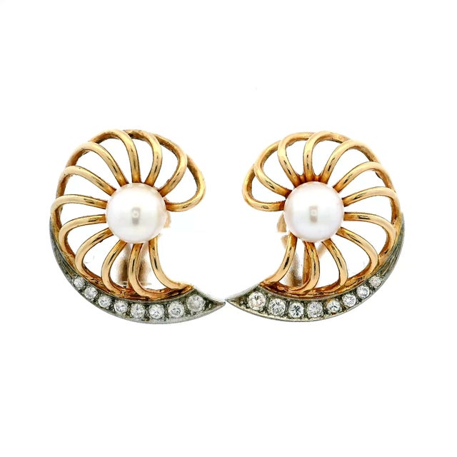 1950s American Two-Tone Gold Pearl and Diamond Fan Ear Clips, Pair For Sale - Image 11 of 11