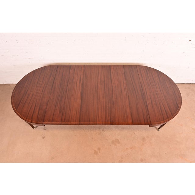 Baker Furniture Style Federal Inlaid Mahogany Extension Dining Table With Six Leaves, Newly Refinished For Sale - Image 13 of 16