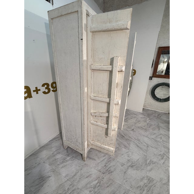 1960s Set of 2 Rustic Whitewashed Wooden Armoire With Geometric Relief Doors For Sale - Image 4 of 10