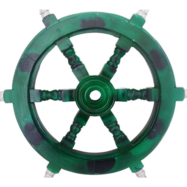 Traditional Vintage Nautical Handcrafted Green Wooden Ship Wheel With Aluminium Hub & Handle For Sale - Image 3 of 6