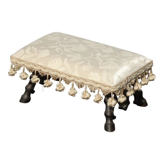 Vintage French Cast Iron White W Tassels Footstool W Green Emblem For Sale