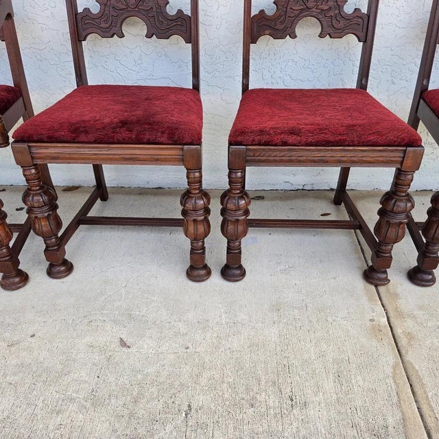 Antique English Oak Tudor Jacobean Dining Chairs 1930's Set of 4 For Sale - Image 13 of 18