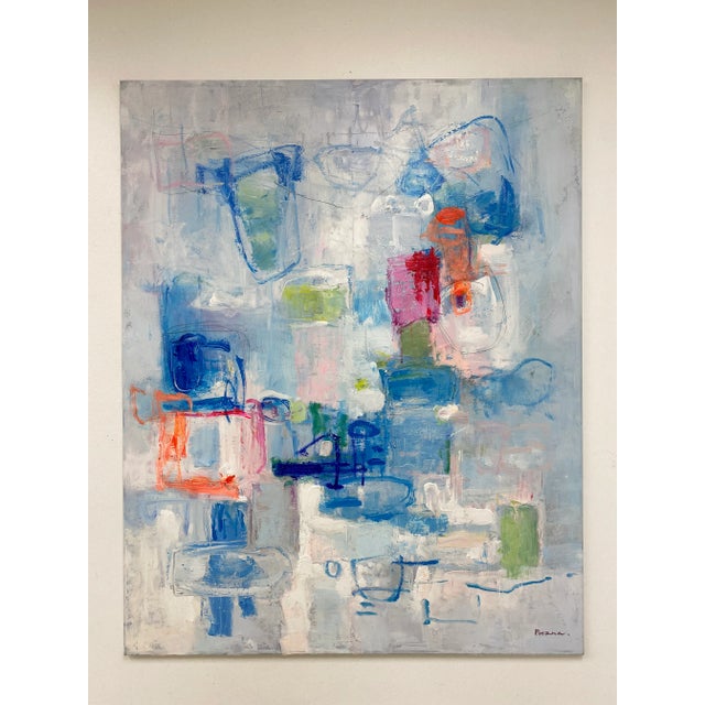 A spacious and expressive original oil painting on canvas featuring a soft, layered composition in tones of sky blue,...