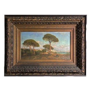 William Stanley Haseltine, View of a Pine Forest on the Sea, 1800s, Oil Painting on Canvas, Framed For Sale